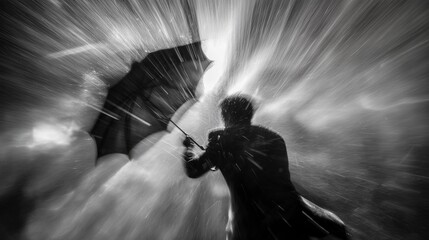 Silhouette of a person with an umbrella braving the rain in a dramatic black and white scene