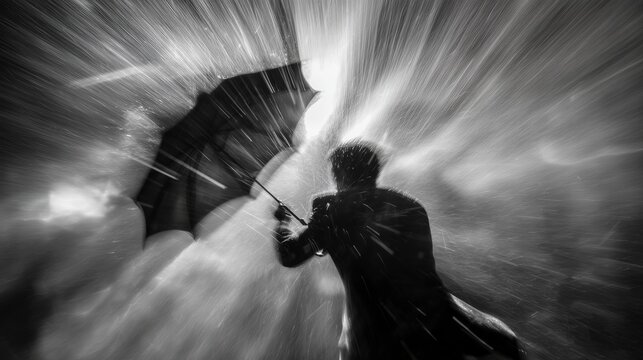 Silhouette of a person with an umbrella braving the rain in a dramatic black and white scene