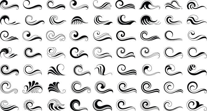Large Vector Set of Black Decorative Swirls and Water Wave Elements, Ideal for Borders, Ornaments, Heraldry, and Elegant Vintage Graphic Design.