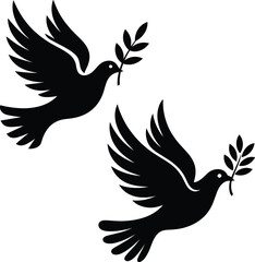Vector Set of Two Black Silhouette Doves Flying with Olive Branches, Symbolizing Peace, Hope, Religion, and International Harmony and Freedom.