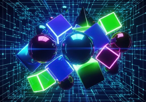 Futuristic Floating Shapes in Neon Grid