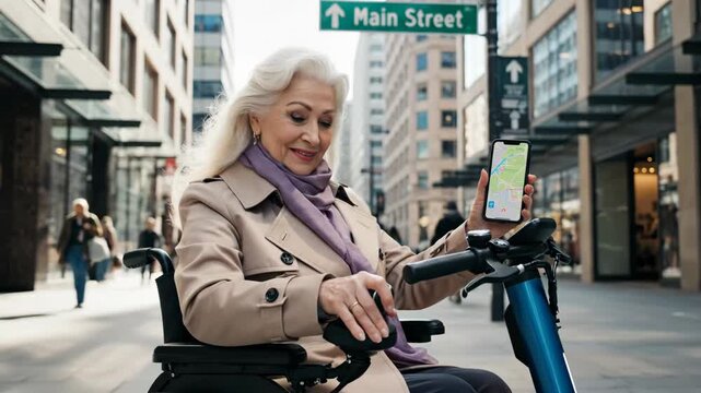 smiling caucasian senior woman on electric scooter holding smartphone with map app. urban navigation and accessibility concept. city travel and independence. main street sign. - Powered by Adobe