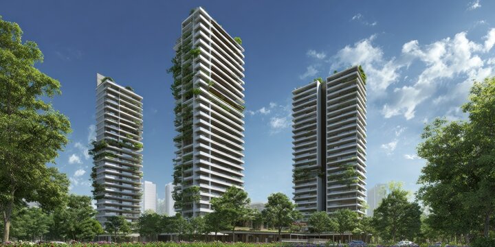 Modern architecture - Three high-rise buildings with green spaces and blue sky.