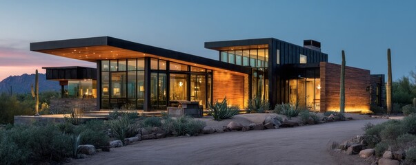 Modern architecture home exterior design with desert landscape at dusk.