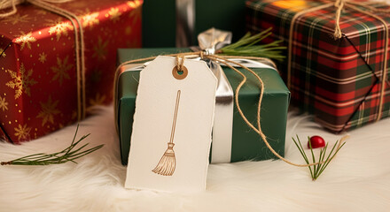 Festive Christmas gifts wrapped in red snowflake green and plaid paper with a broom tag present