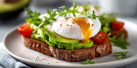 Delicious Avocado Toast with Poached Egg and Fresh Greens.