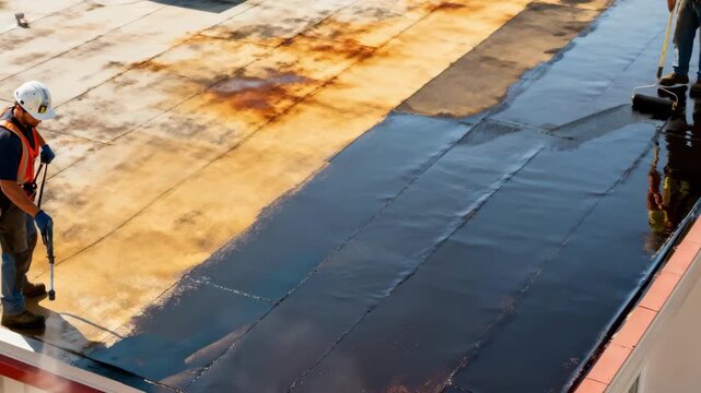 Medium frame showing commercial roof maintenance at a retail store focusing on cleaning and recoating surfaces to enhance durability.
