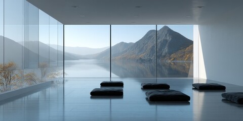 Minimalist interior with lake view and meditation cushions, serene retreat.