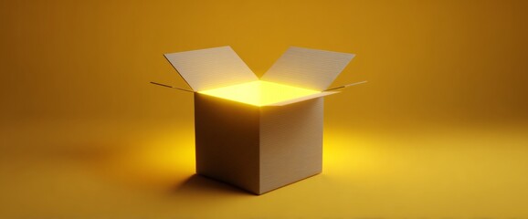 A cardboard box with its lid open reveals a soft, glowing light inside against a vivid yellow backdrop. This scene evokes feelings of curiosity and imagination