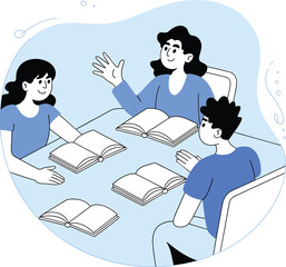 Collaborative study group, student discussion, open books on table, learning teamwork, classroom interaction, academic session, knowledge sharing, flat vector illustration