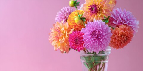 Colorful Dahlia Bouquet in Glass Vase Against Pink Background.