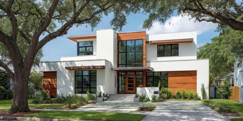 Modern Two-Story Home with Wood Accents and Lush Greenery.