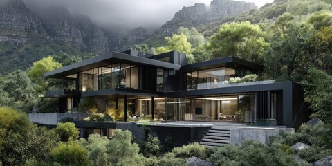 Modern house nestled in lush greenery with mountain backdrop.