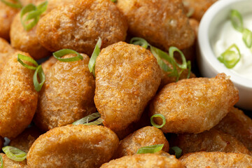 Crispy Jalapeno cheese bites with sauce. Party food snacks