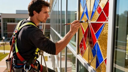 Medium shot of a skilled technician applying vibrant ceramic frit patterns on glass panels of a modern university building exterior enhancing its aesthetic appeal.