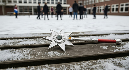 Silver star emblem on wooden bench in snowy schoolyard background  