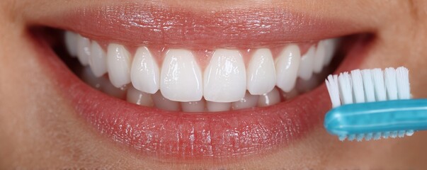 Close-up of a smiling mouth with a blue toothbrush and bright white teeth