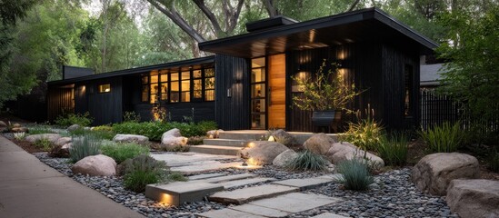 Modern home exterior with stone pathway and lush landscaping.