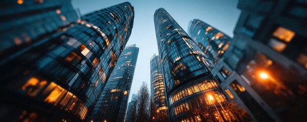 Cinematic view of towering modern skyscrapers at night with blue tones and orange glow in a bustling city