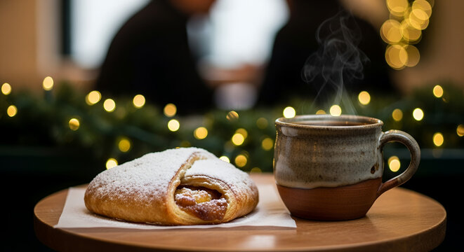 Warm pastry and steaming cup of coffee on wooden table for holidays   - Powered by Adobe