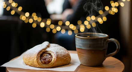 Freshly baked pastry and steaming coffee cup on wooden table  