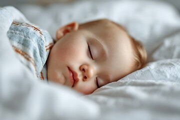 Close-up of a peacefully sleeping baby. Symbolizes the importance of quality rest, sleep training, childhood wellness, overcoming insomnia, and parental sleep solutions.