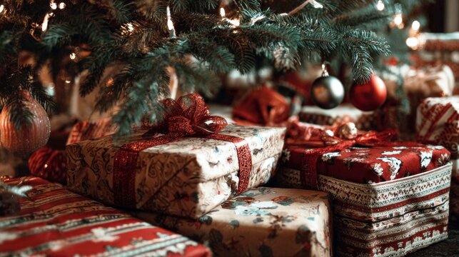 Colorful wrapped gifts under a Christmas tree with ornaments and lights. The scene captures the festive spirit of the holiday season.