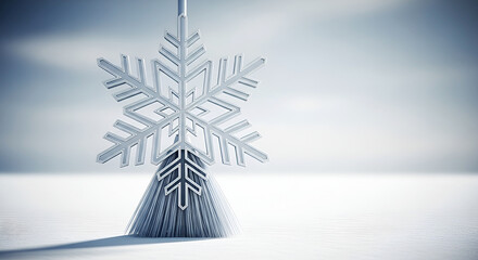 Silver snowflake ornament atop a broom with fine bristles in a bright white winter landscape image
