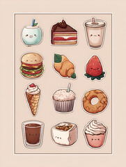 A set of illustrated coffees, mugs, and pastries with soft aesthetic tones, ideal for branding or social media