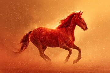 A stunning red horse runs gracefully through a cloud of orange dust. The backdrop features a warm sunset that enhances the ethereal atmosphere of the scene
