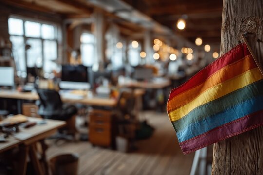 Rainbow flag in a busy modern office with workers at desks and warm lighting