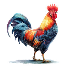Watercolor Rooster vector, artistic painting style, high-resolution illustration on a pure white background.