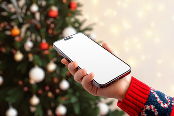 Girl using smartphone with blank screen in front of Christmas tree, ideal for app mockups, festive campaigns, mobile UI showcases and holiday marketing