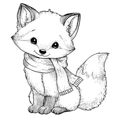 Detailed black and white sketch showing the full body of a sitting fox character with a scarf, ideal for character design and illustration.