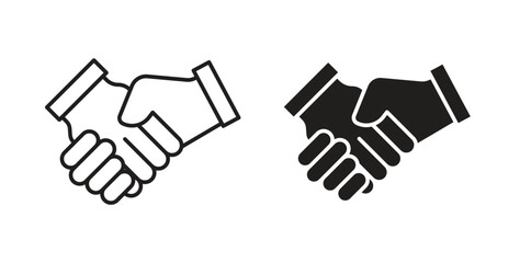 Handshake icon in line design and solid black and white colors for designs