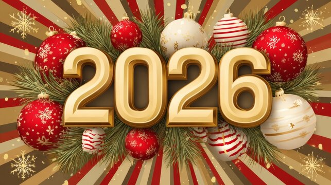 Bright and colorful decorations showcase the year 2026. Red and gold ornaments, along with pine leaves, create a festive atmosphere perfect for celebrations