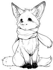 Black and white sketch of a fluffy fox character sitting upright with a large, flowing scarf, emphasizing cuteness and traditional drawing technique.