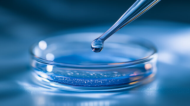 Macro droplet of blue laboratory liquid falling from pipette into petri dish