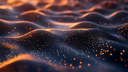 Abstract geometric data waves forming smooth flowing digital patterns with interconnected lines and glowing nodes creating a futuristic visualization of information flow technology networks and analyt