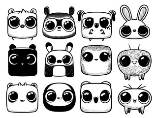 Black and white doodle icon of a stylized, square-shaped monster or creature with large eyes, perfect for modern, quirky patterns or gaming graphics.