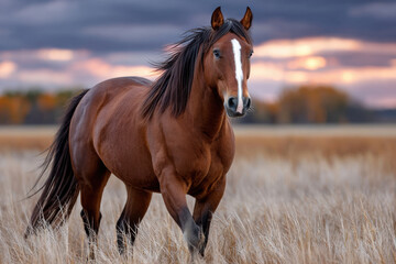 Obraz premium Majestic Horse in Golden Field at Sunset