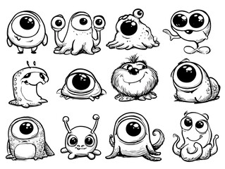 A playful collection of black-and-white illustrated monster eyes and quirky creatures