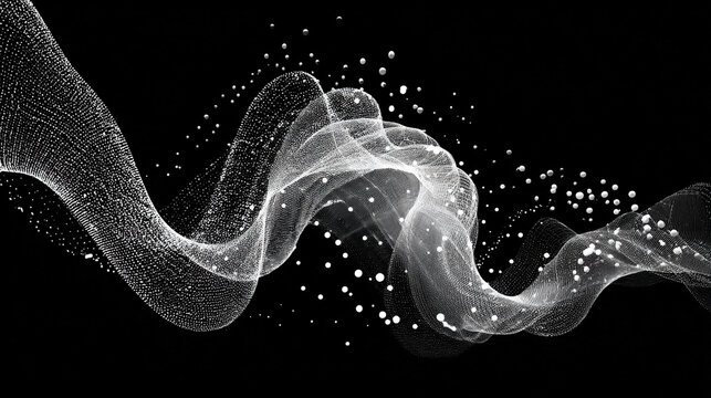 Abstract geometric data waves forming smooth flowing digital patterns with interconnected lines and glowing nodes creating a futuristic visualization of information flow technology networks and analyt