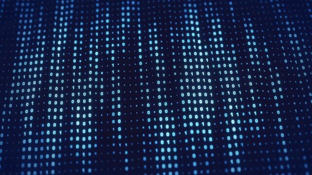 Looping randomly vertically animated matrix array of binary numbers code changing screen. Background effect for code, programming, technology projects to add digital data effect with camera blur. 