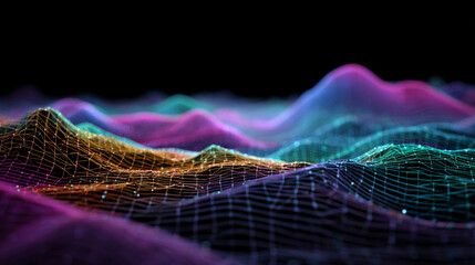 Abstract geometric data waves forming smooth flowing digital patterns with interconnected lines and glowing nodes creating a futuristic visualization of information flow technology networks and analyt