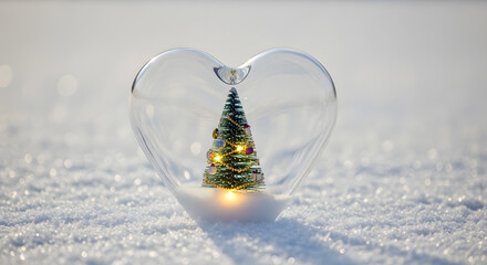 Transparent glass heart containing a small glowing Christmas tree inside, resting on sparkling snow.
