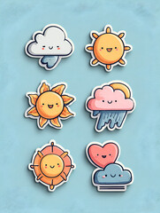 Two separate cute cartoon stickers featuring a smiling sun and a fluffy blue cloud, designed as cheerful weather elements for apps or digital media.