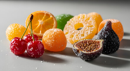 Glazed candied fruits with glossy texture on neutral background, diffused natural light.