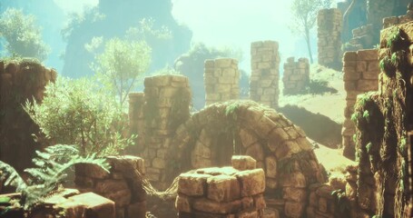 Sunlight filters through trees illuminating the remains of stone structures nestled in a vibrant landscape. The tranquility and history of the area invite exploration and wonder.