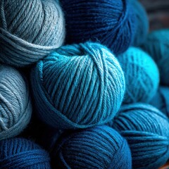 Close-up of blue yarn balls arranged in textured soft cluster